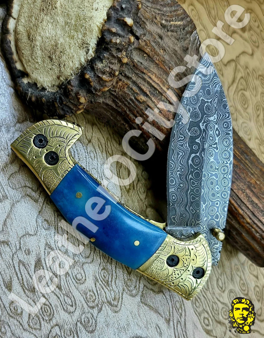 Handmade Damascus Steel Folding Knife – Blue Bone Handle & Leather Sheath | 8.45" Lockback