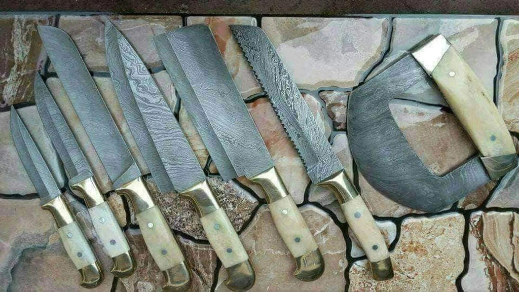 Hand-Forged Damascus Chef Knife Set – Stag Horn Handle & Leather Roll | Custom Kitchen Knives