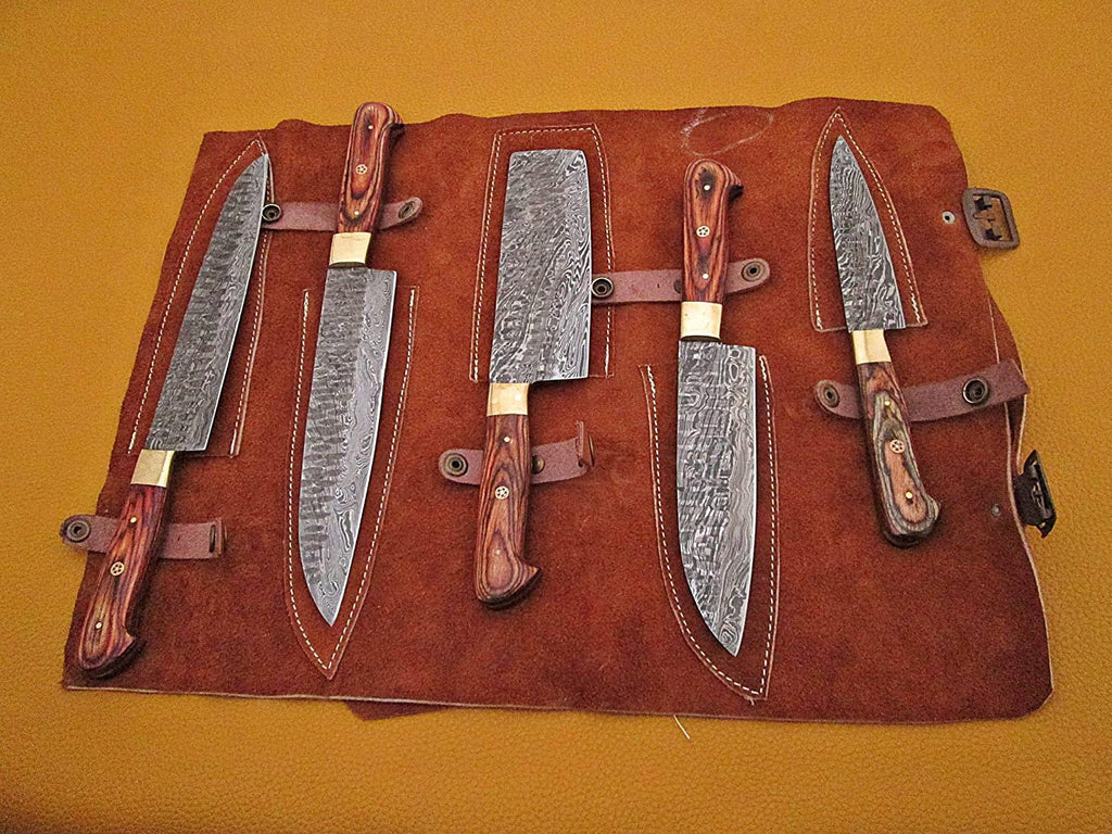 Hand-Forged Damascus Chef Knife Set – Stag Horn Handle & Leather Roll | Custom Kitchen Knives