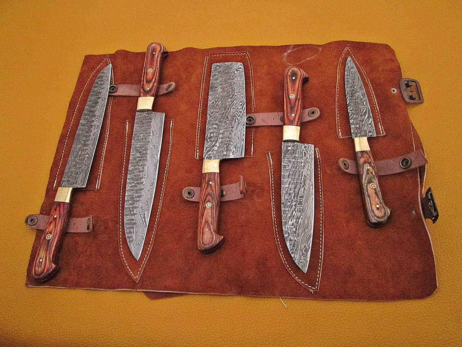 Hand-Forged Damascus Chef Knife Set – Stag Horn Handle & Leather Roll | Custom Kitchen Knives