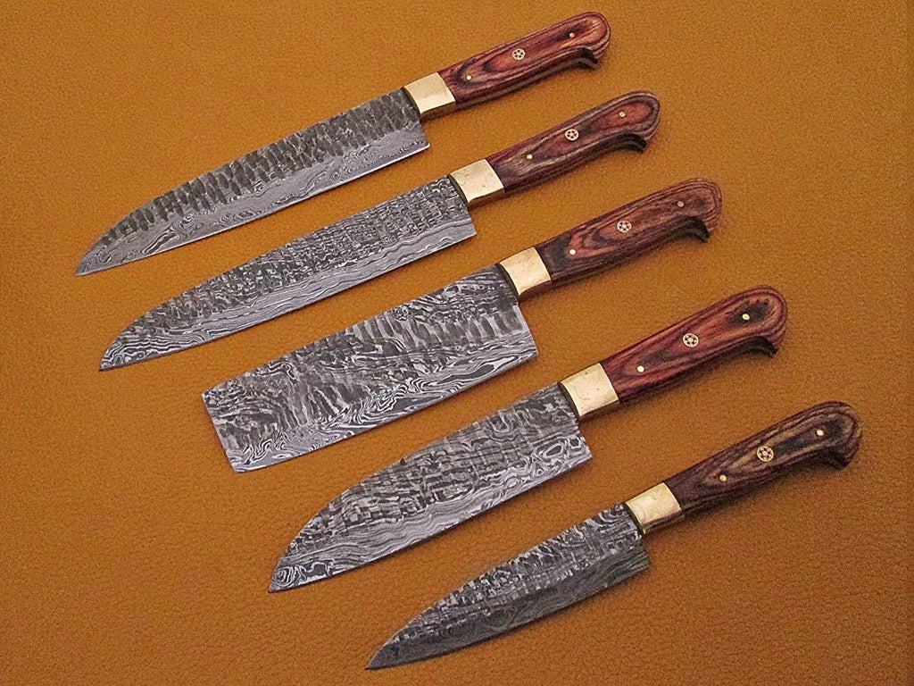 Hand-Forged Damascus Chef Knife Set – Stag Horn Handle & Leather Roll | Custom Kitchen Knives
