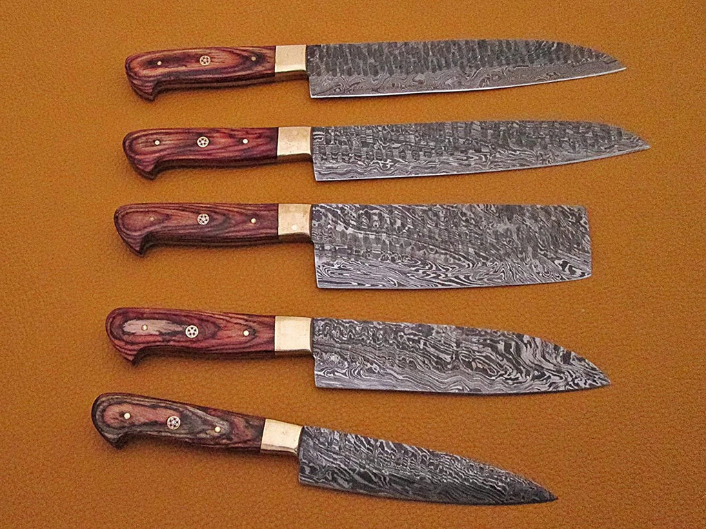 Hand-Forged Damascus Chef Knife Set – Stag Horn Handle & Leather Roll | Custom Kitchen Knives
