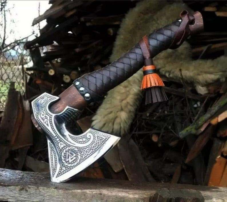 Custom Handmade Forged Viking Axe – Personalized Carbon Steel Axe with Leather Sheath | PinnacleVista