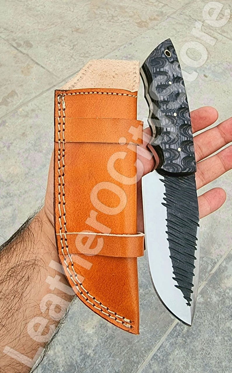 Custom Handmade D2 Steel Skinner Knife – Damascus Blade with Micarta Handle & Leather Sheath – Hunting & Camping Knife