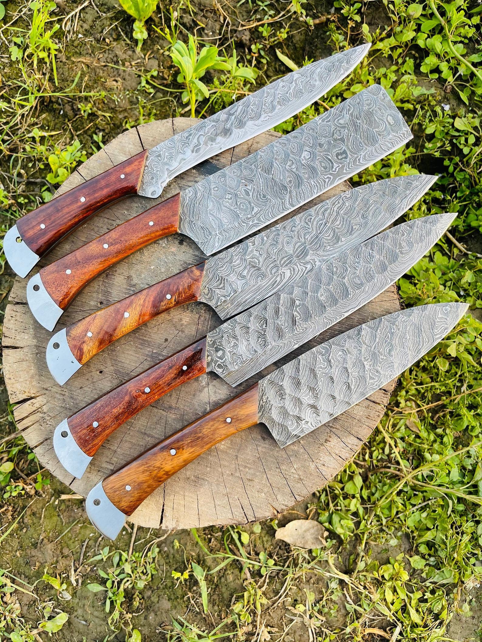 Custom Handmade Damascus Steel Chef Knife Set – 5-Piece Pro Kitchen Knives with Leather Sheath