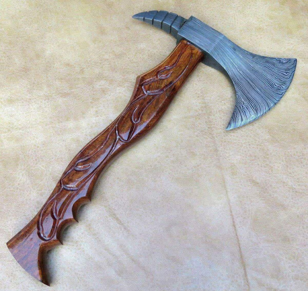 Custom Handmade Damascus Steel Viking Axe | Rosewood Handle | Leather Sheath | Throwing Hatchet | Camping & Hunting Axe by PinnacleVista