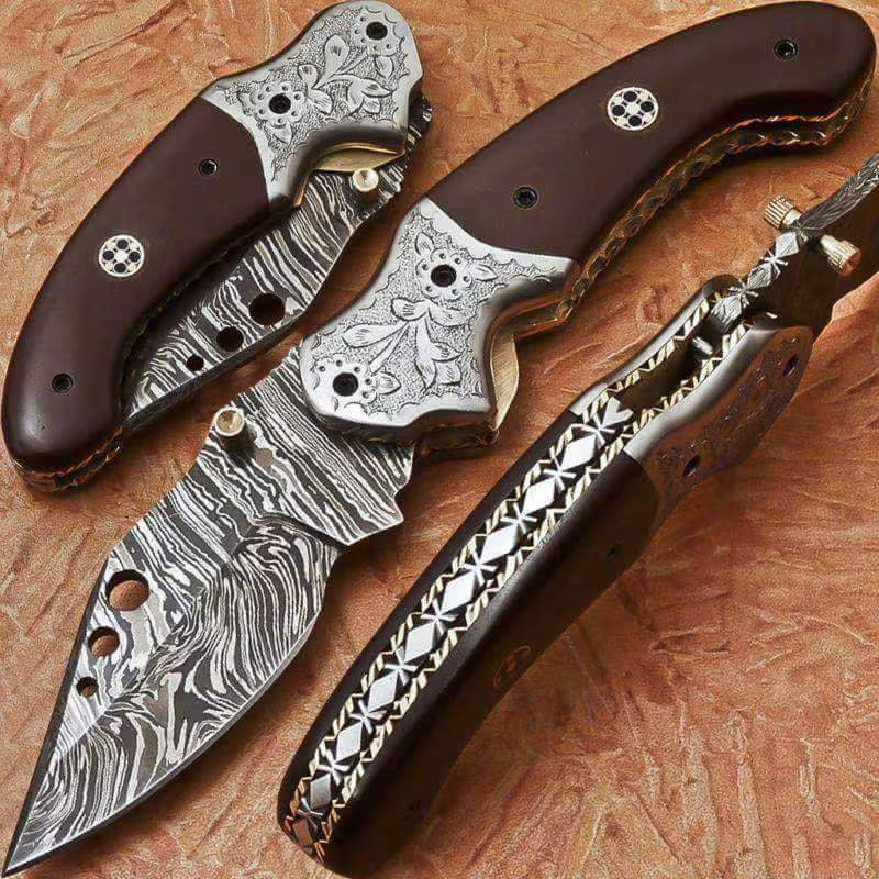 Custom Damascus Folding Pocket Knife – Handmade Liner Lock with Micarta Handle & Leather Sheath by PinnacleVista