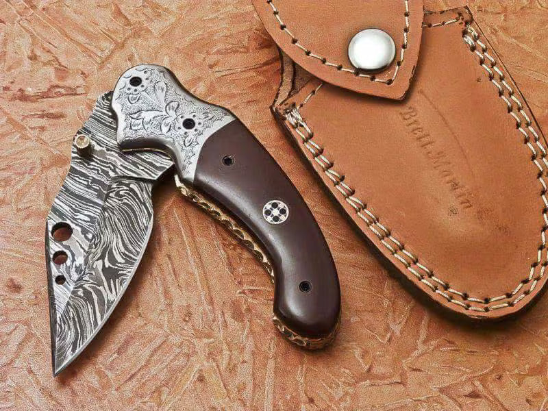 Custom Damascus Folding Pocket Knife – Handmade Liner Lock with Micarta Handle & Leather Sheath by PinnacleVista