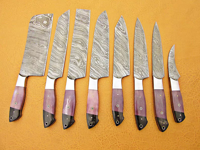 Custom Hand-Forged Damascus Steel Chef Knife Set – 8-Piece Twist Pattern | PinnacleVista