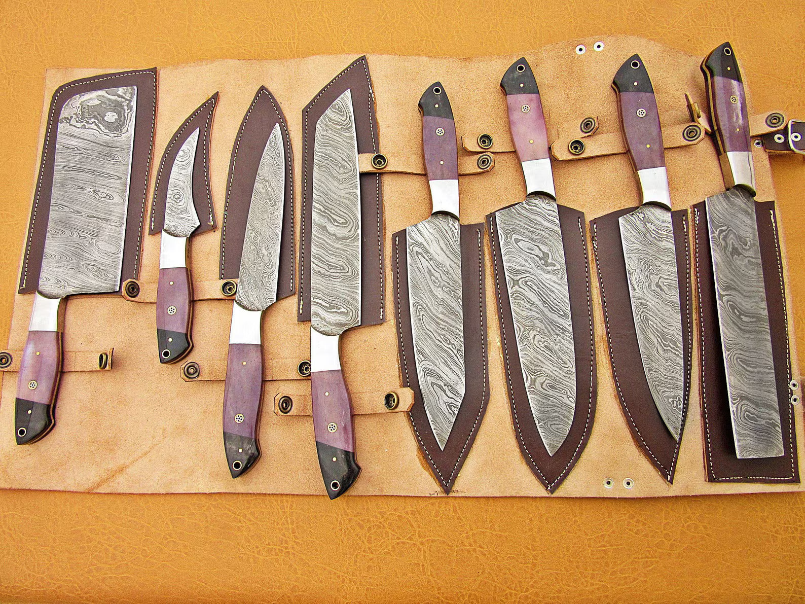 Custom Hand-Forged Damascus Steel Chef Knife Set – 8-Piece Twist Pattern | PinnacleVista