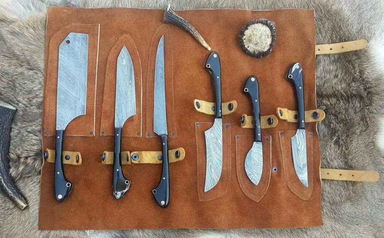 Custom Handmade Damascus Steel Chef Knife Set (6-Piece) – Bull Horn Handle, Mosaic Pins, Professional Kitchen Knives with Sheath