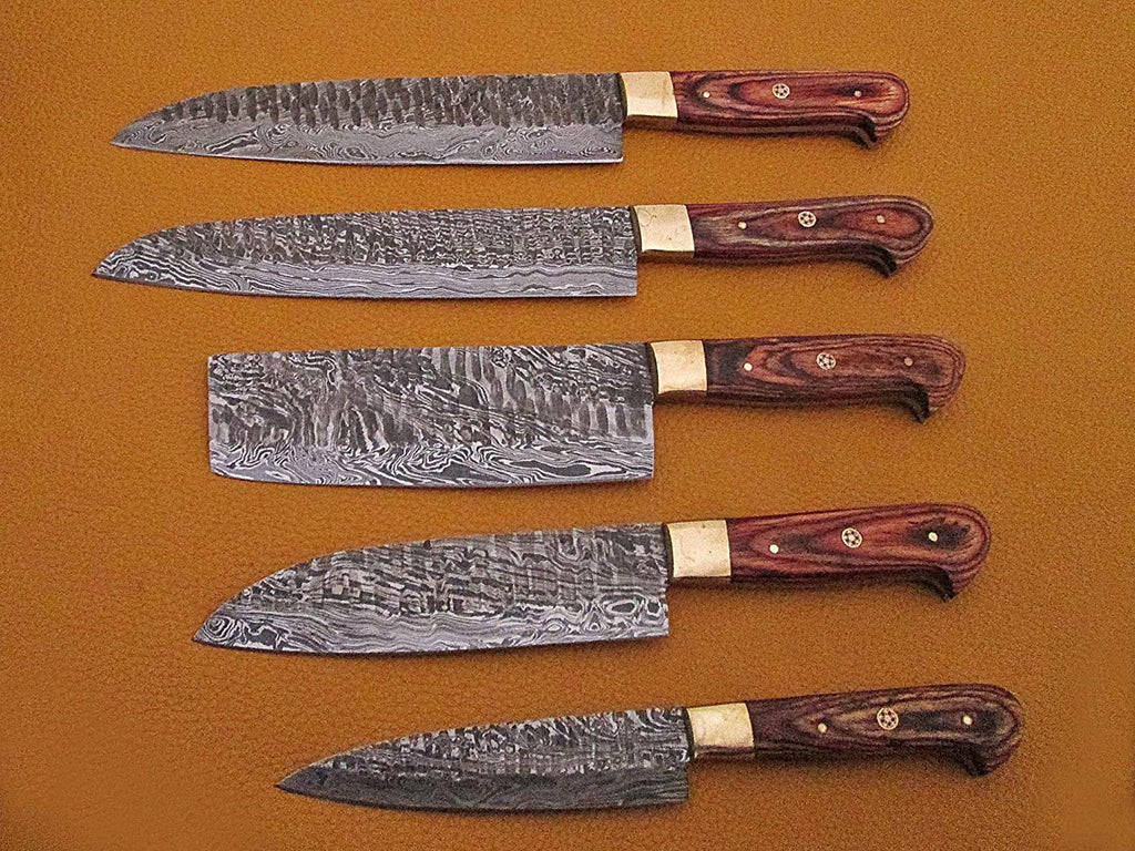 Hand-Forged Damascus Chef Knife Set – Stag Horn Handle & Leather Roll | Custom Kitchen Knives