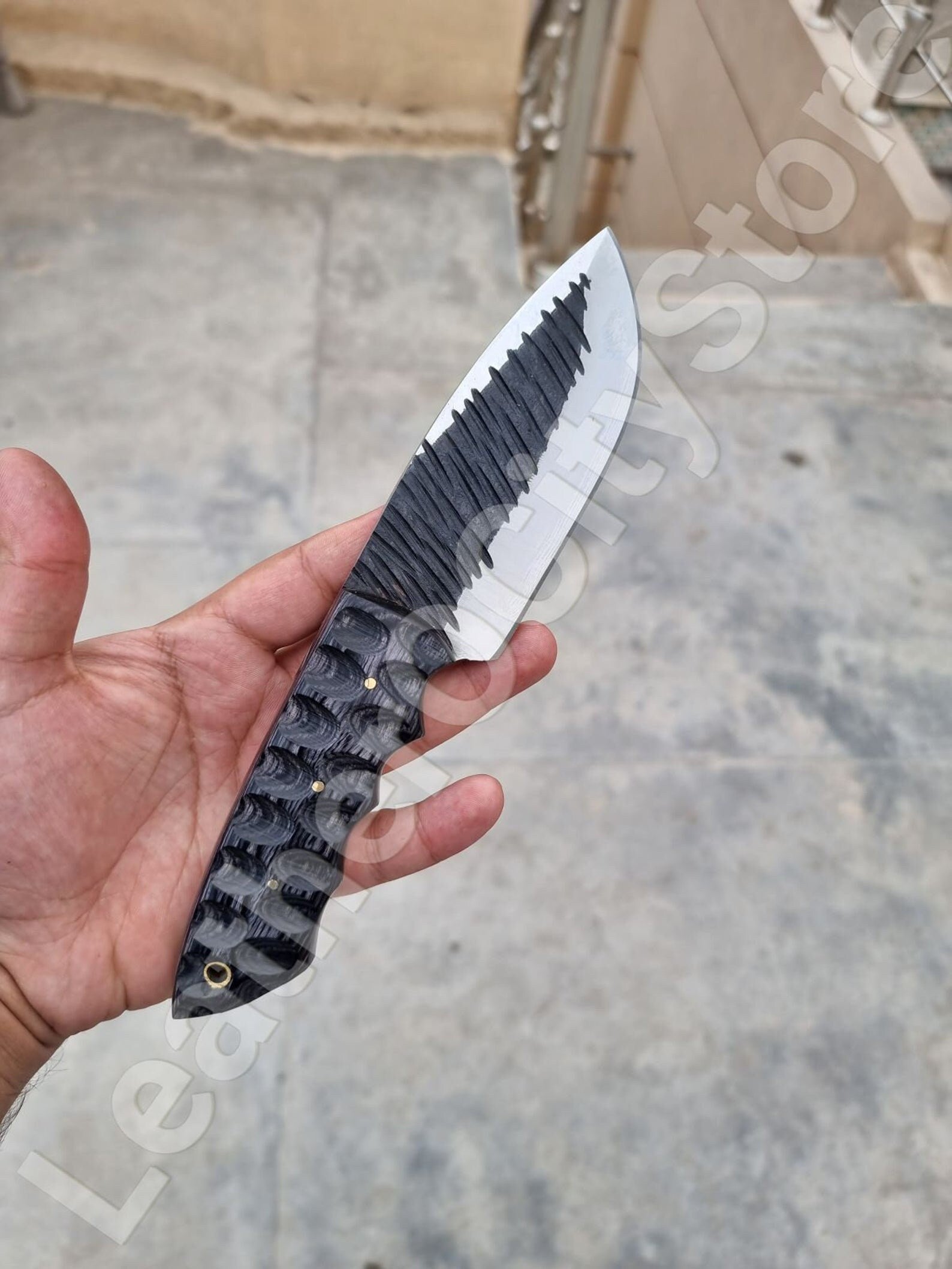 Custom Handmade D2 Steel Skinner Knife – Damascus Blade with Micarta Handle & Leather Sheath – Hunting & Camping Knife