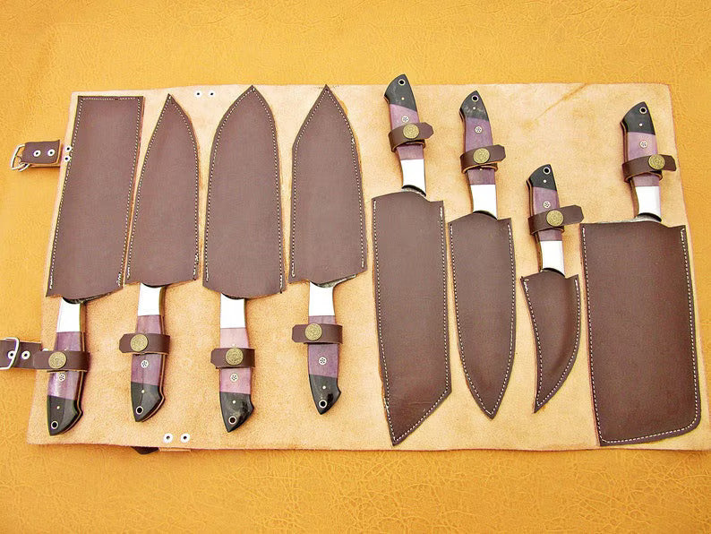 Custom Hand-Forged Damascus Steel Chef Knife Set – 8-Piece Twist Pattern | PinnacleVista