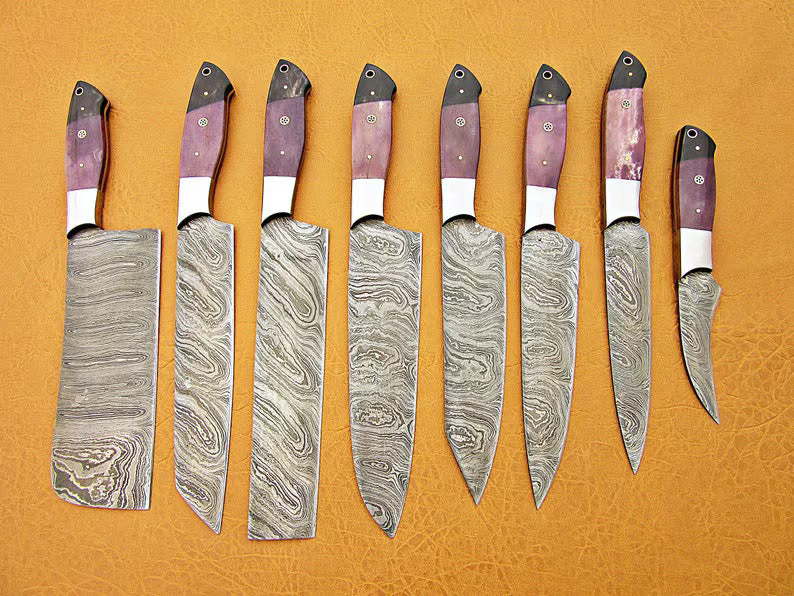 Custom Hand-Forged Damascus Steel Chef Knife Set – 8-Piece Twist Pattern | PinnacleVista
