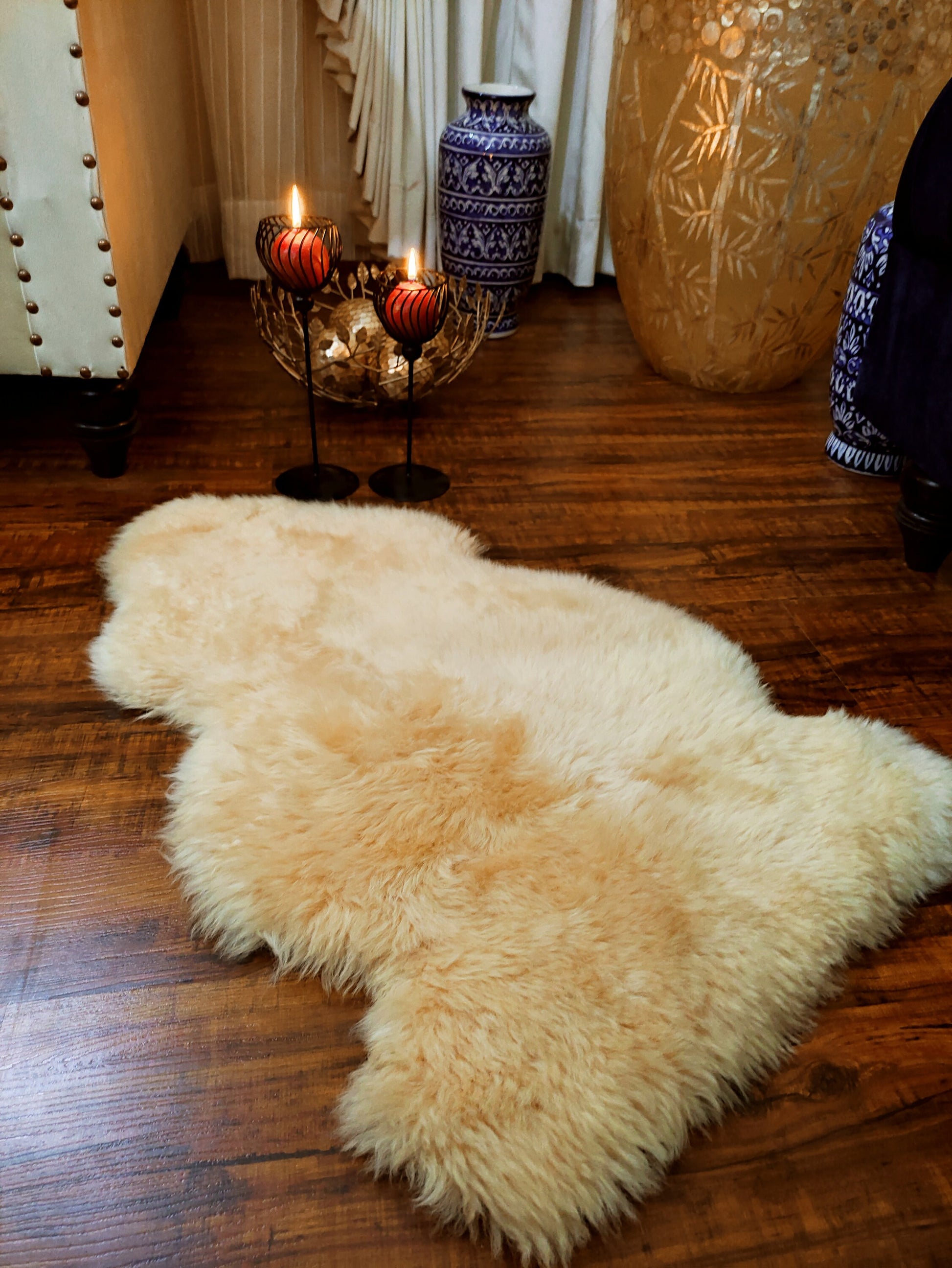 Genuine Sheepskin Rug – Real Wool Fur Throw in Ivory, Black & Champagne | 2x3 ft & Baby