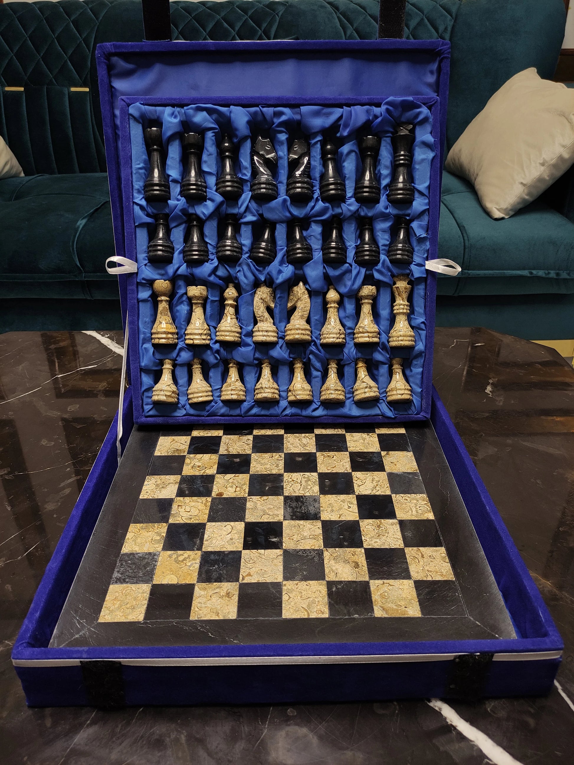 Queen’s Gambit Coral & Black Marble Chess Set – 12" & 16" | PinnacleVista