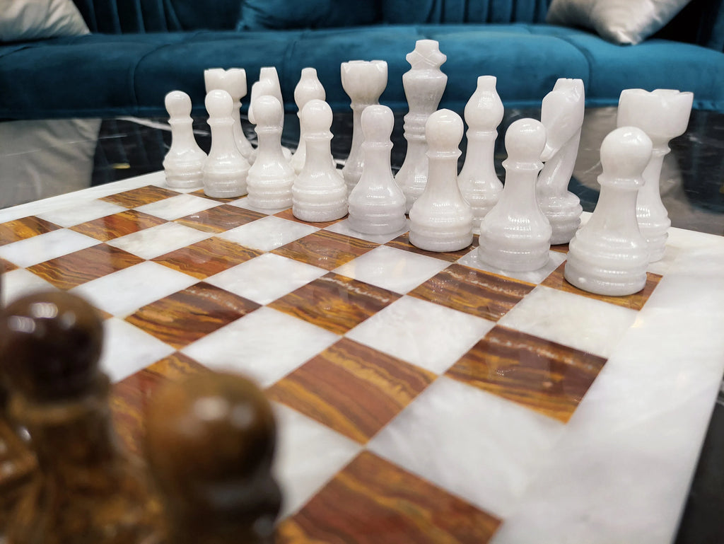 Handmade Brown & White Marble Chess Set – 12" & 16" | PinnacleVista
