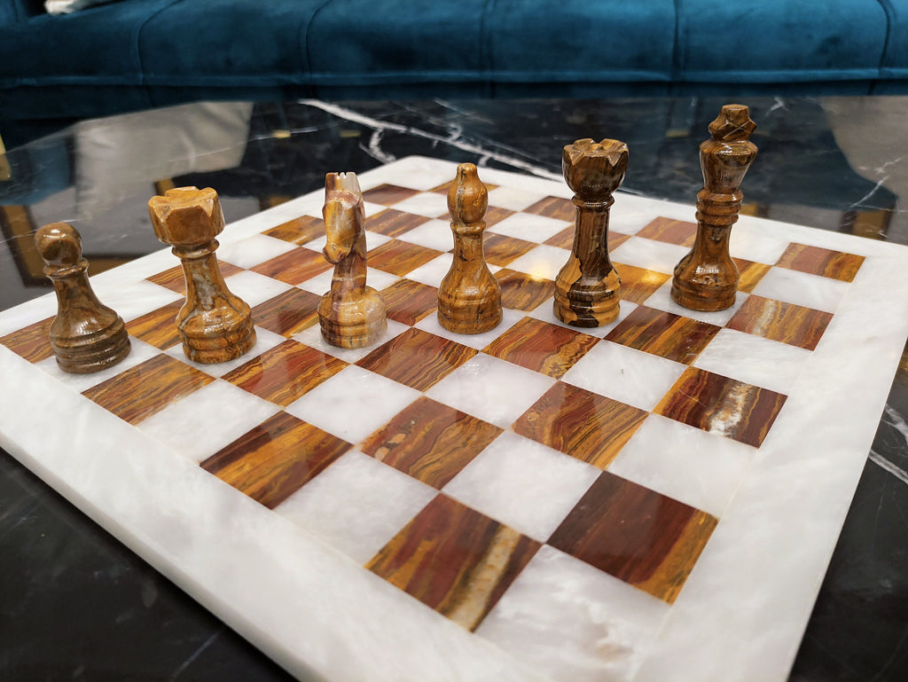 Handmade Brown & White Marble Chess Set – 12" & 16" | PinnacleVista