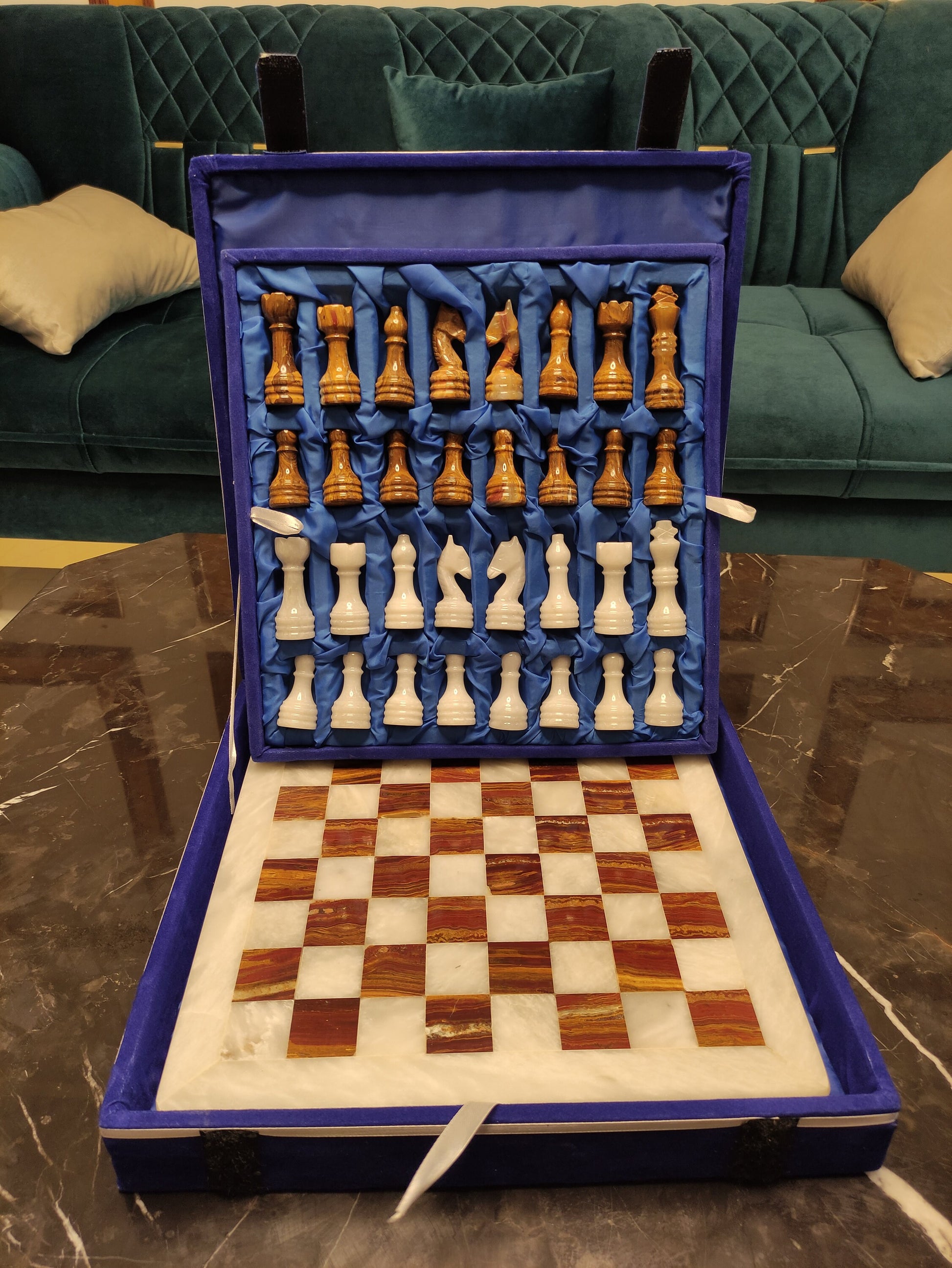 Handmade Brown & White Marble Chess Set – 12" & 16" | PinnacleVista