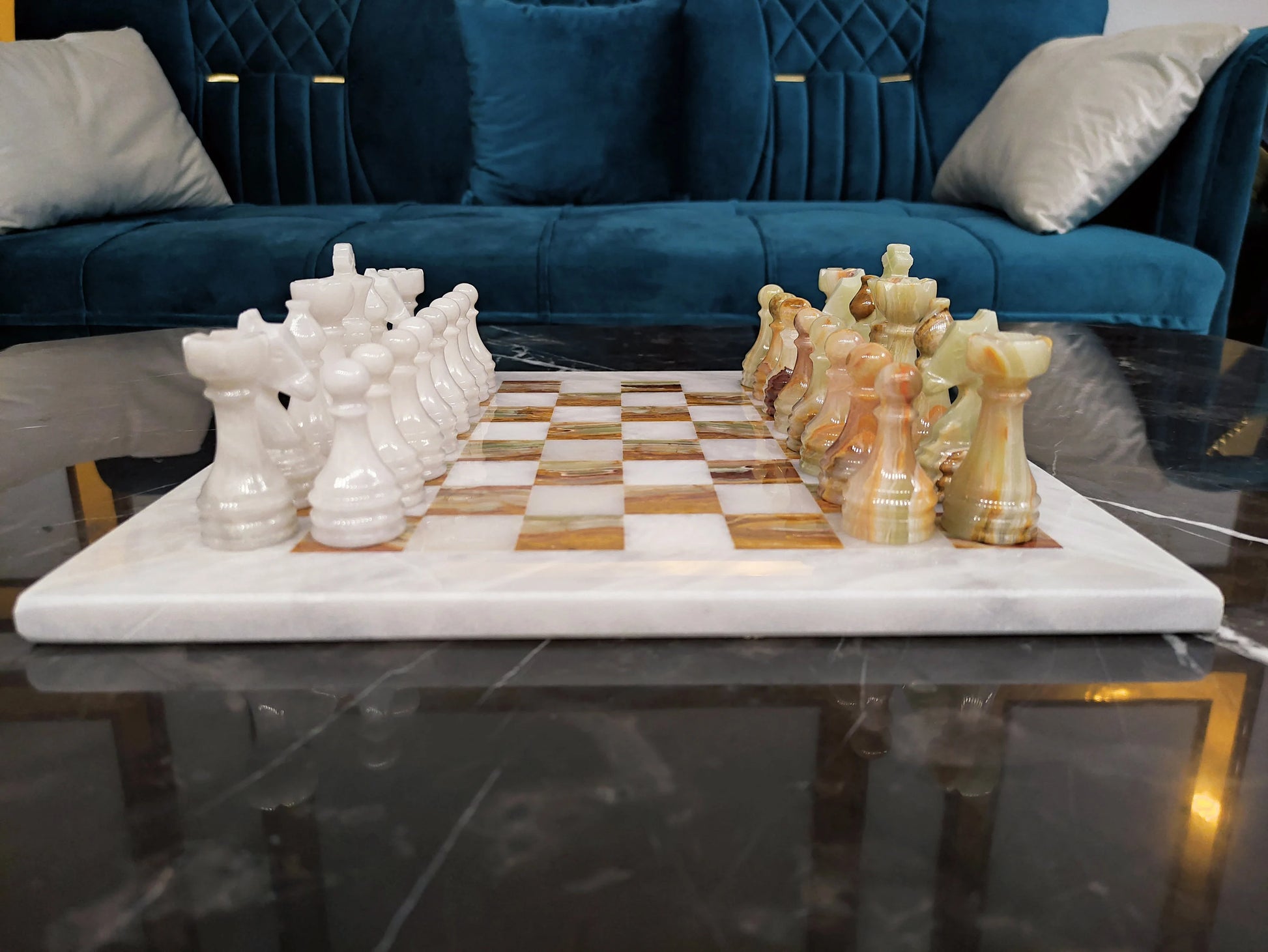 Handmade Green Onyx Marble Chess Set – 16” & 12” | Pinnacle Vista