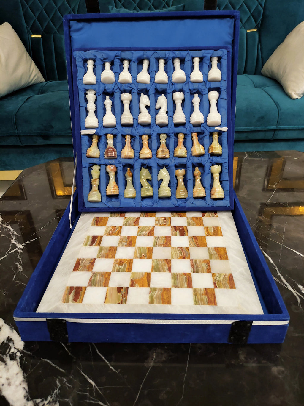Handmade Green Onyx Marble Chess Set – 16” & 12” | Pinnacle Vista