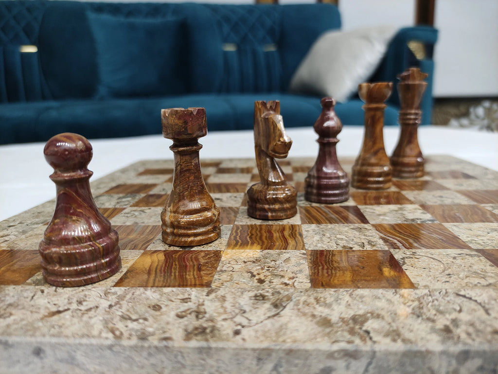 Coral Brown Marble Chess Set – Handmade 12” & 16” | PinnacleVista