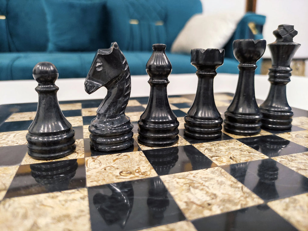 Queen’s Gambit Coral & Black Marble Chess Set – 12" & 16" | PinnacleVista