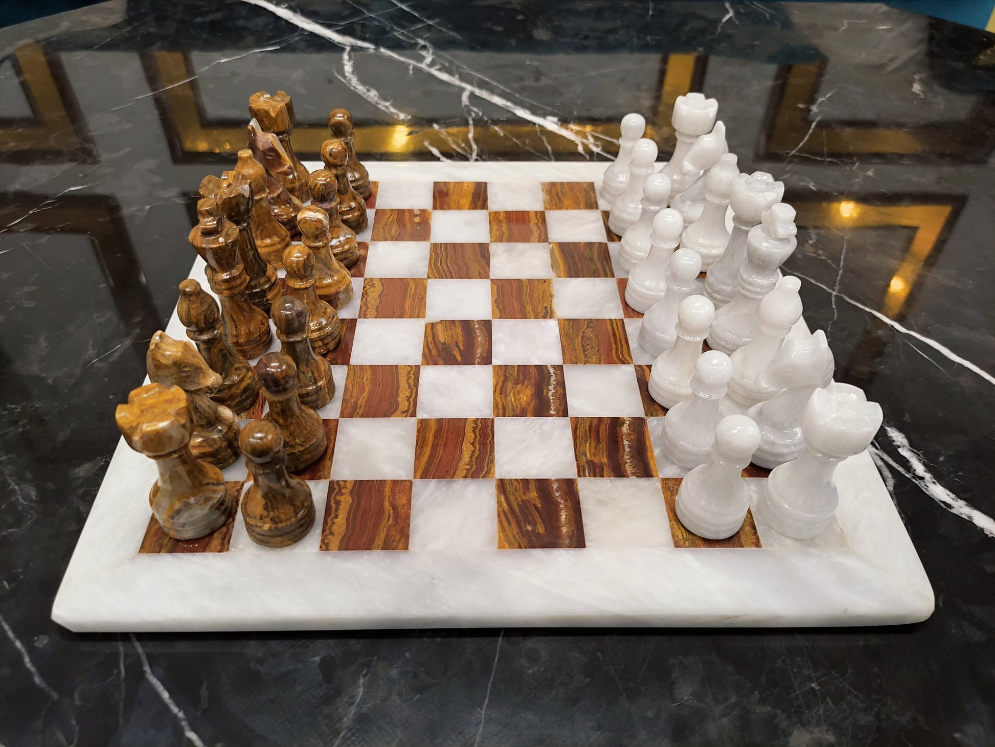 Handmade Brown & White Marble Chess Set – 12" & 16" | PinnacleVista