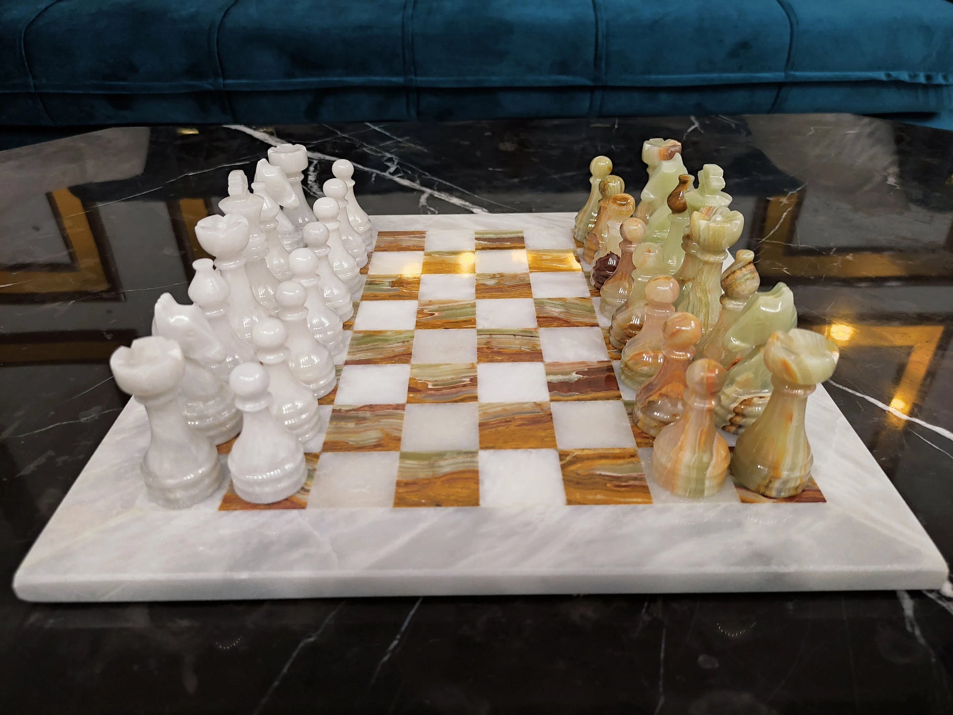 Handmade Green Onyx Marble Chess Set – 16” & 12” | Pinnacle Vista