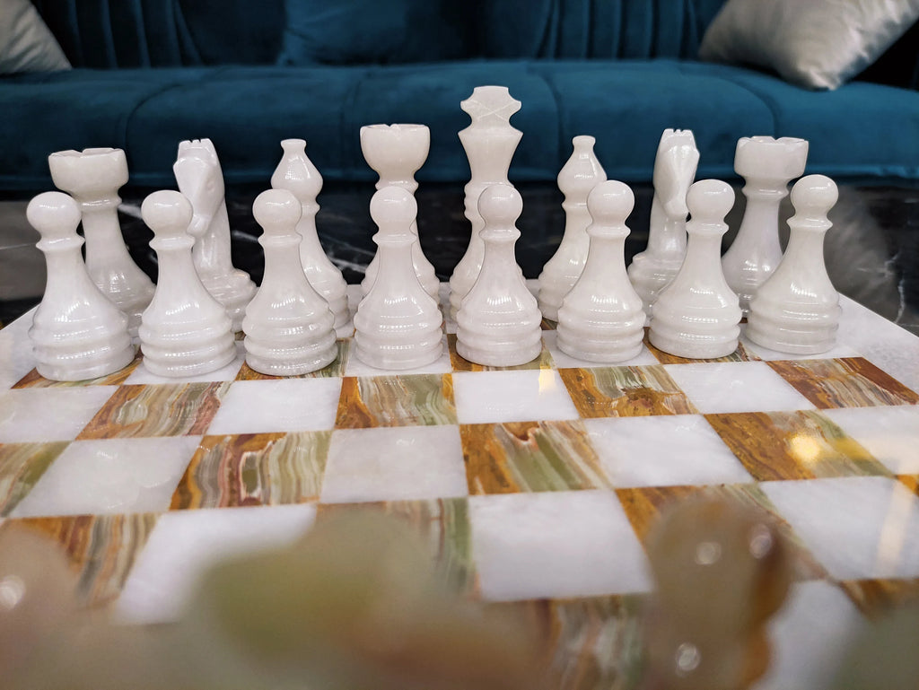 Handmade Green Onyx Marble Chess Set – 16” & 12” | Pinnacle Vista