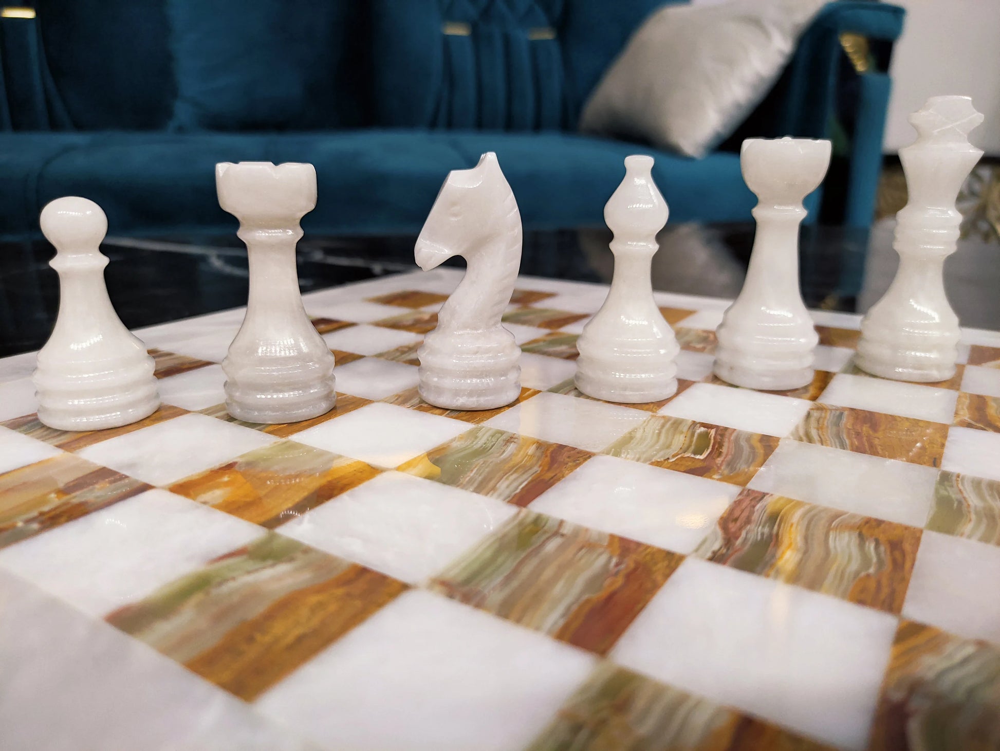 Handmade Green Onyx Marble Chess Set – 16” & 12” | Pinnacle Vista