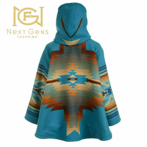 Yellowstone Wool Poncho Coat for Women – Hooded Blanket Jacket with Claw Button | Native American Boho Winter Cape | PinnacleVista