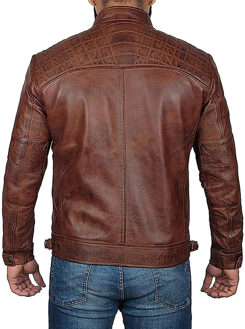 Men’s Real Lambskin Brown Biker Leather Jacket | Vintage Motorcycle Jacket with Band Collar | Handmade Slim Fit Coat – PinnacleVista