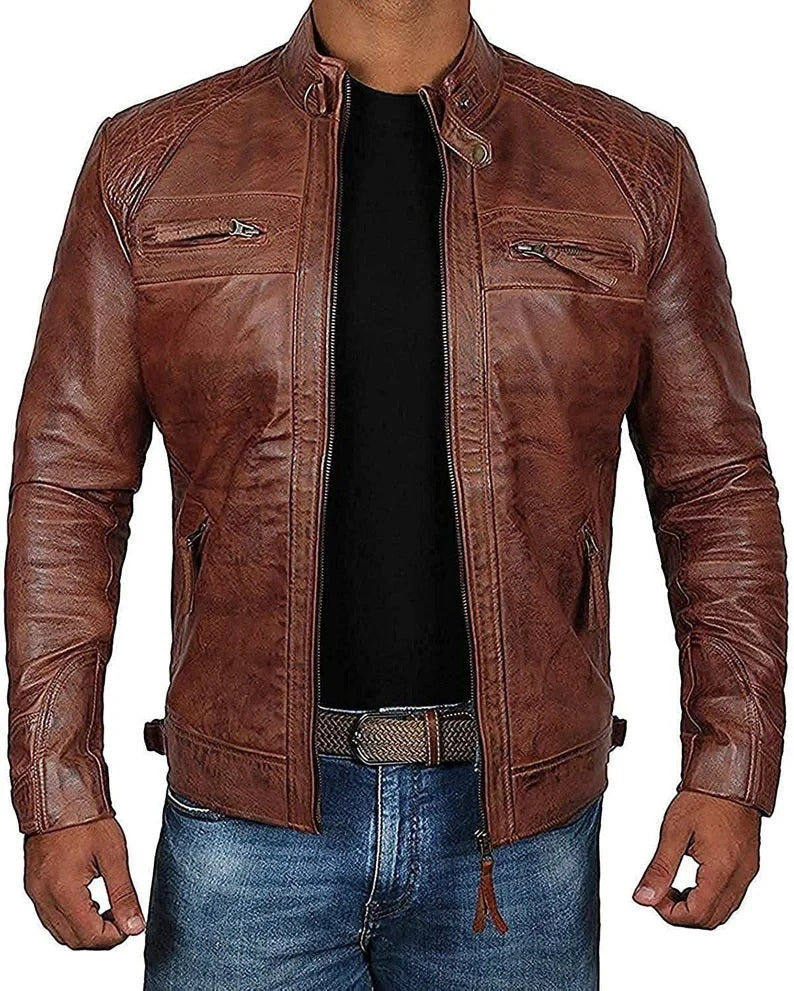 Men’s Real Lambskin Brown Biker Leather Jacket | Vintage Motorcycle Jacket with Band Collar | Handmade Slim Fit Coat – PinnacleVista