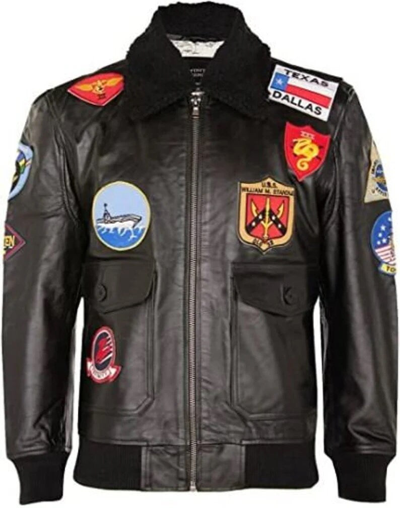 Top Gun G-1 Flight Bomber Jacket for Men | Tom Cruise Maverick Leather Jacket with Sheepskin Collar & Navy Patches – PinnacleVista