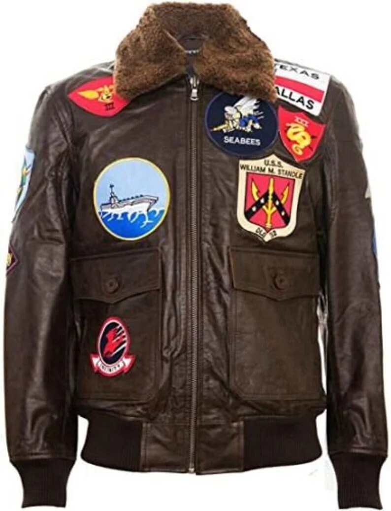 Top Gun G-1 Flight Bomber Jacket for Men | Tom Cruise Maverick Leather Jacket with Sheepskin Collar & Navy Patches – PinnacleVista