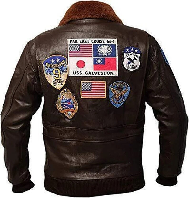 Top Gun G-1 Flight Bomber Jacket for Men | Tom Cruise Maverick Leather Jacket with Sheepskin Collar & Navy Patches – PinnacleVista