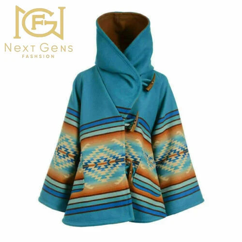 Yellowstone Wool Poncho Coat for Women – Hooded Blanket Jacket with Claw Button | Native American Boho Winter Cape | PinnacleVista