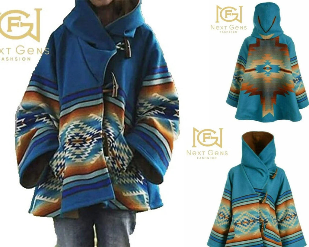 Yellowstone Wool Poncho Coat for Women – Hooded Blanket Jacket with Claw Button | Native American Boho Winter Cape | PinnacleVista
