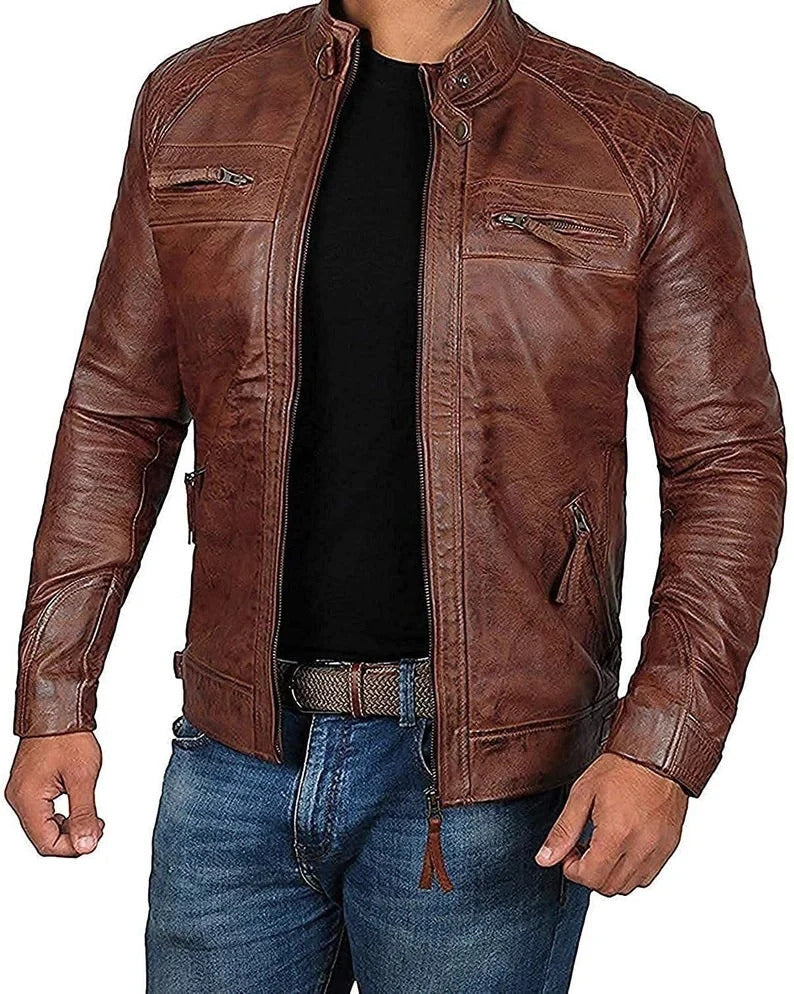 Men’s Real Lambskin Brown Biker Leather Jacket | Vintage Motorcycle Jacket with Band Collar | Handmade Slim Fit Coat – PinnacleVista