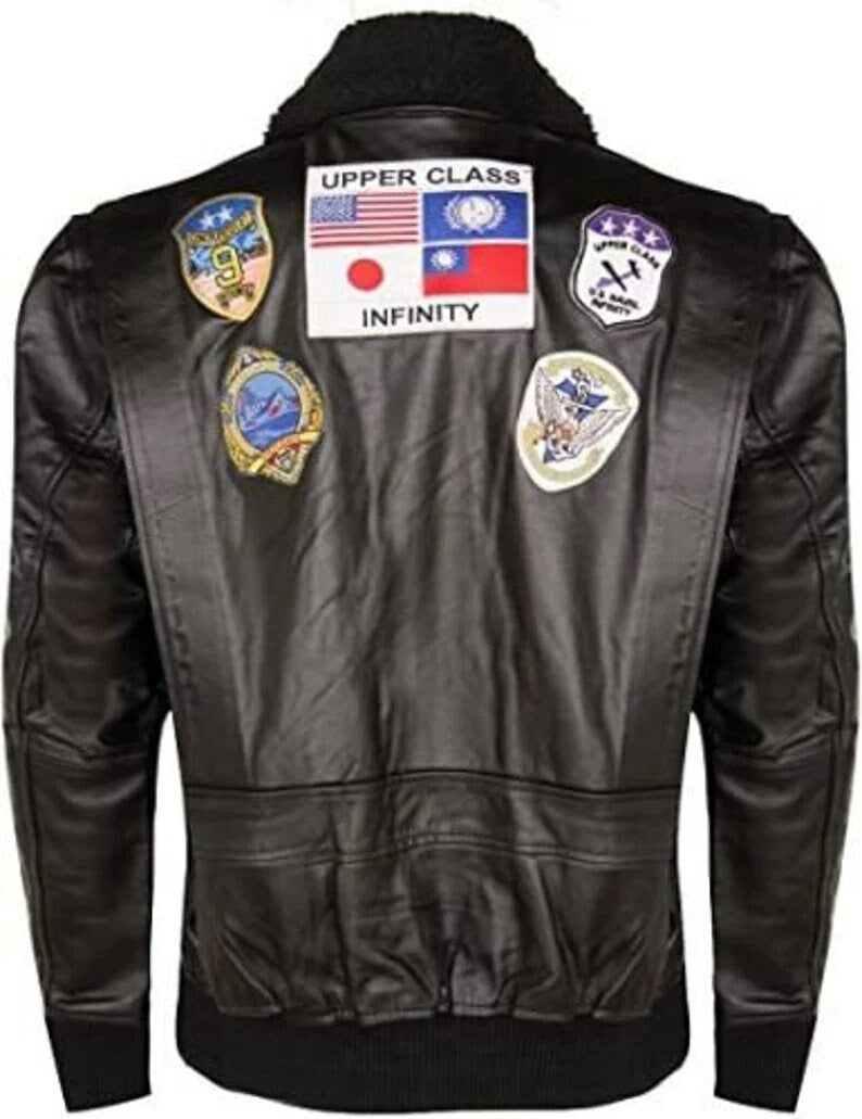 Top Gun G-1 Flight Bomber Jacket for Men | Tom Cruise Maverick Leather Jacket with Sheepskin Collar & Navy Patches – PinnacleVista