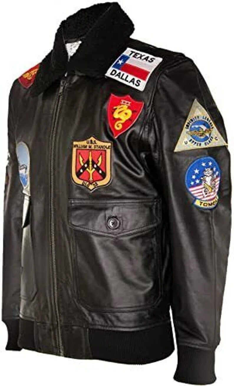 Top Gun G-1 Flight Bomber Jacket for Men | Tom Cruise Maverick Leather Jacket with Sheepskin Collar & Navy Patches – PinnacleVista