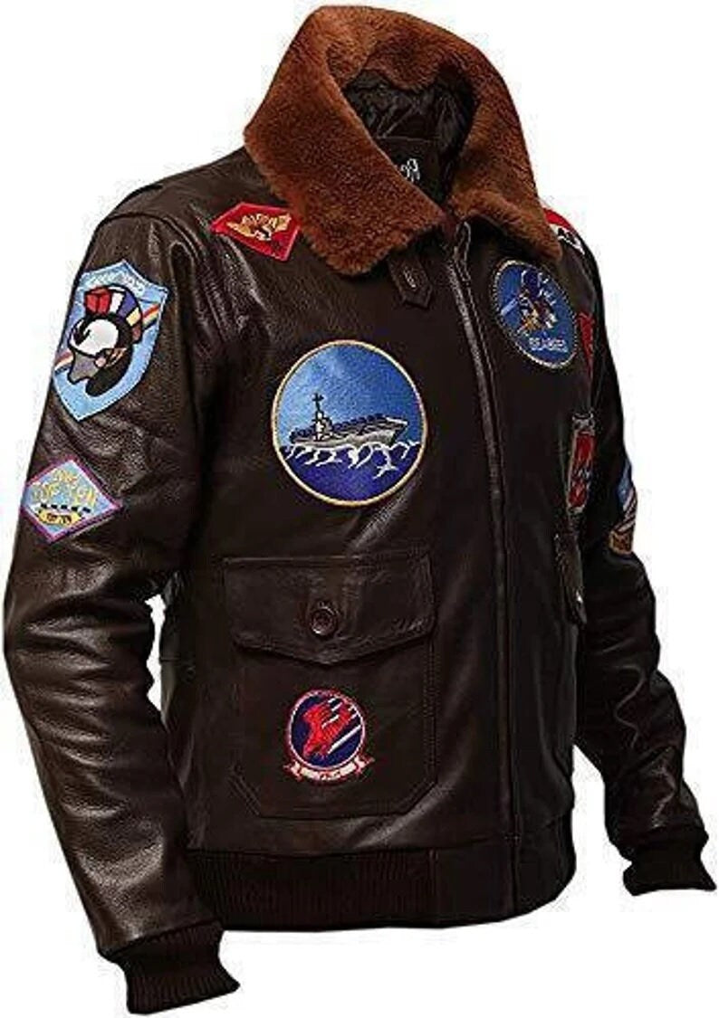 Top Gun G-1 Flight Bomber Jacket for Men | Tom Cruise Maverick Leather Jacket with Sheepskin Collar & Navy Patches – PinnacleVista