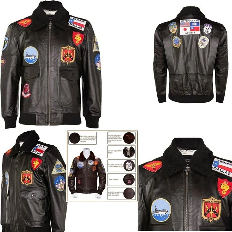 Top Gun G-1 Flight Bomber Jacket for Men | Tom Cruise Maverick Leather Jacket with Sheepskin Collar & Navy Patches – PinnacleVista