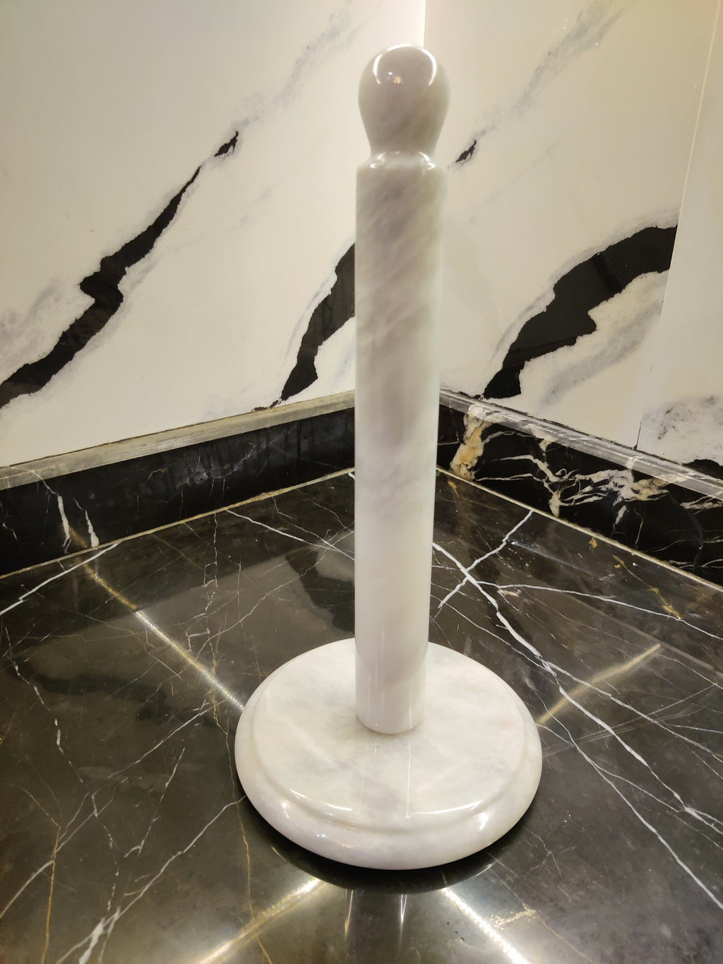 Handmade Marble Paper Towel Holder – Natural Black & White Stone Kitchen Roll Stand | Heavy Vintage Countertop Tissue Dispenser by PinnacleVista