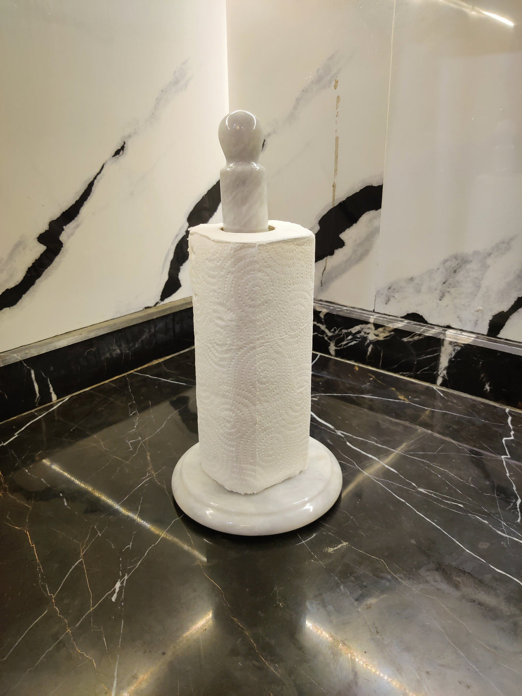 Handmade Marble Paper Towel Holder – Natural Black & White Stone Kitchen Roll Stand | Heavy Vintage Countertop Tissue Dispenser by PinnacleVista