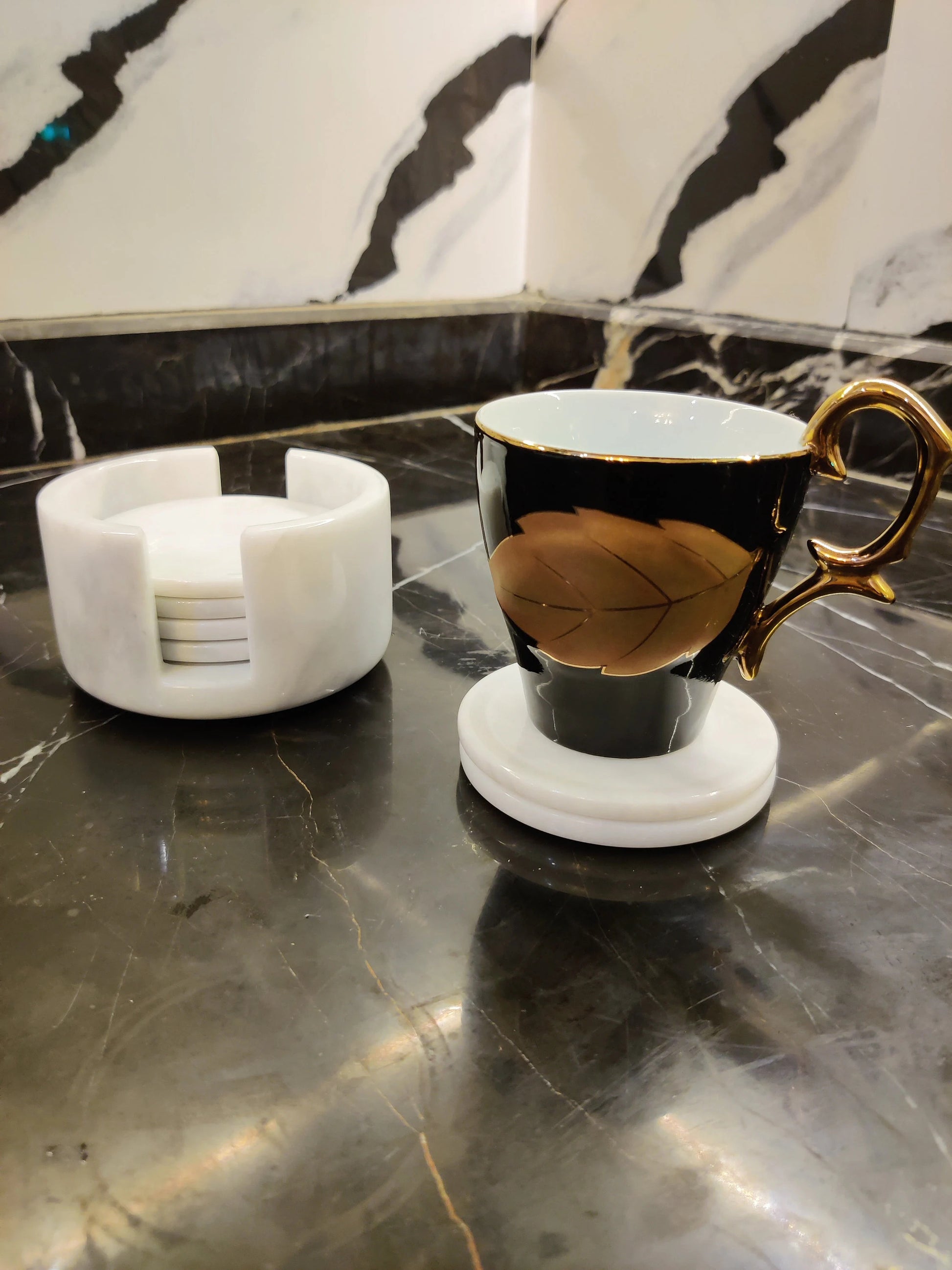 Handmade Black & White Marble Coasters Set with Holder – 6-Piece Elegant Round Drink Coasters for Home Decor, Bar & Table Protection | PinnacleVista