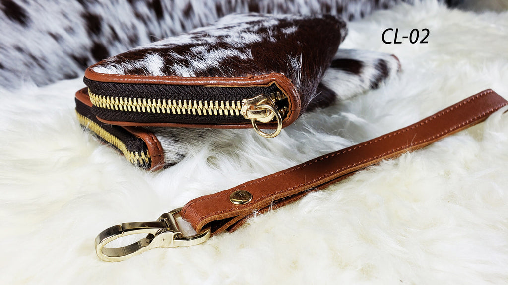 Real Cowhide Clutch Genuine Leather Handmade Wristlet and Zipper Clutch, Fur Purse Wallet, Handbag, Organize for women