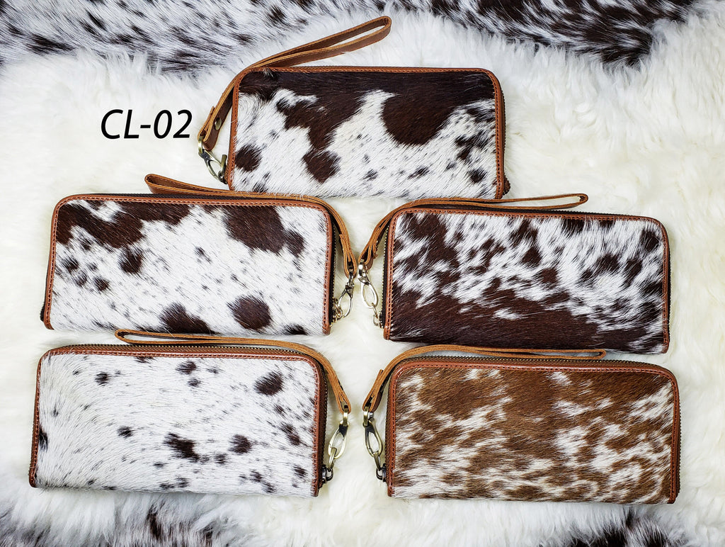 Real Cowhide Clutch Genuine Leather Handmade Wristlet and Zipper Clutch, Fur Purse Wallet, Handbag, Organize for women